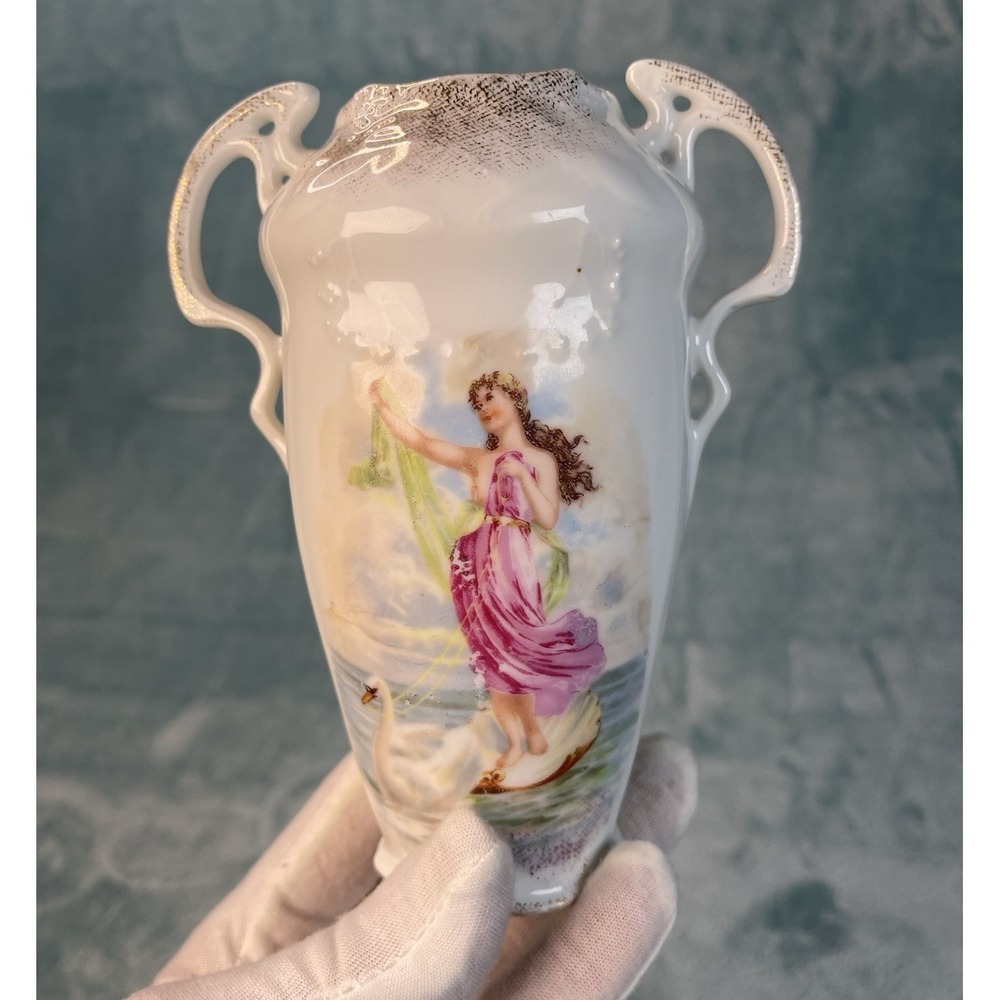 VTG Victorian Revival Leda and the Swan Portrait Vase Double Handle Porcelain